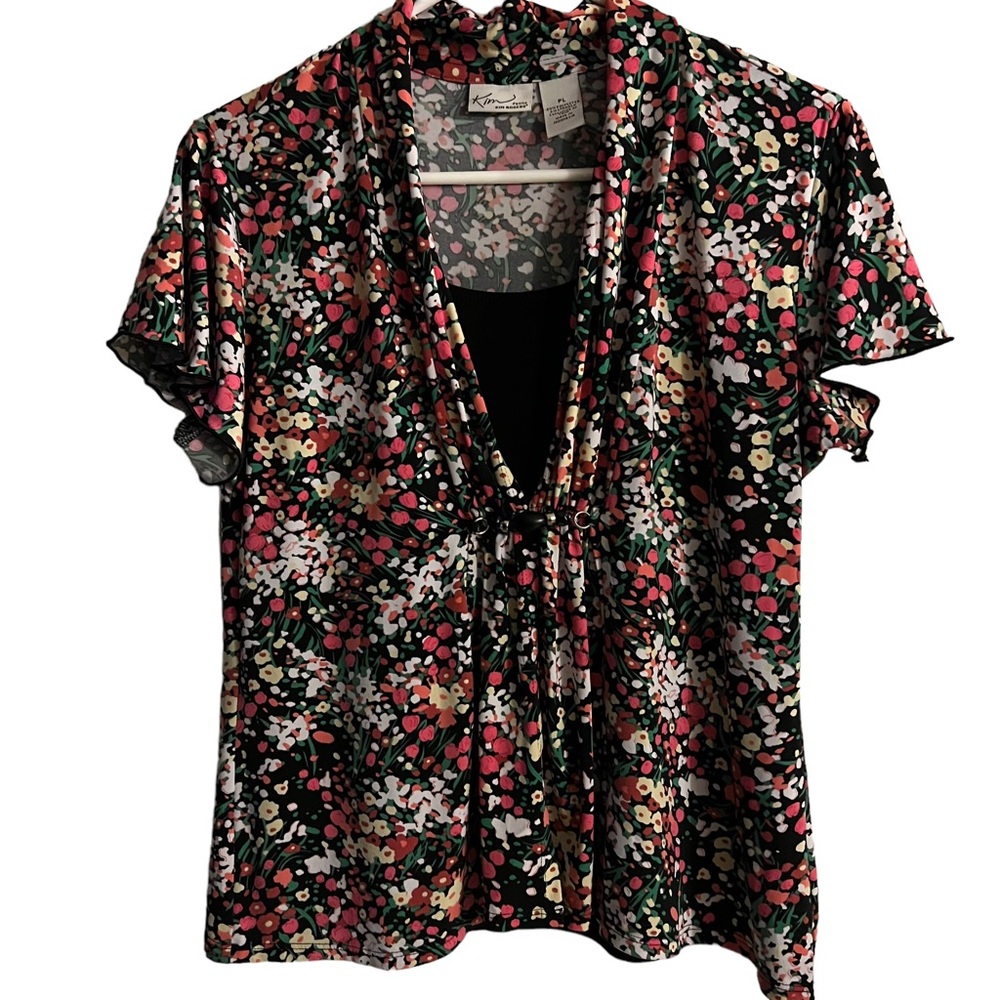 Kim Rogers Petite Floral Short Sleeve Beaded Accent Top PL